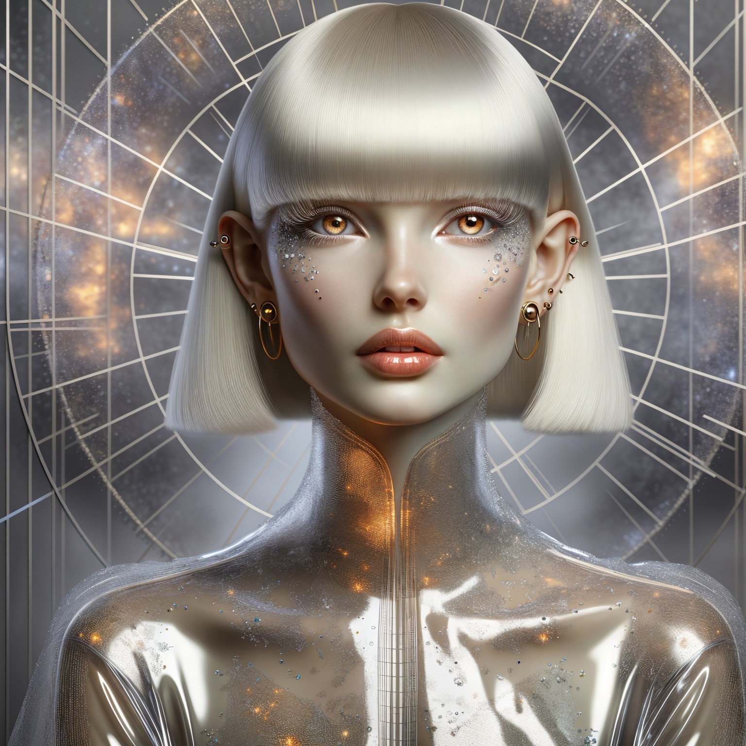 Futuristic figure with platinum hair and metallic attire