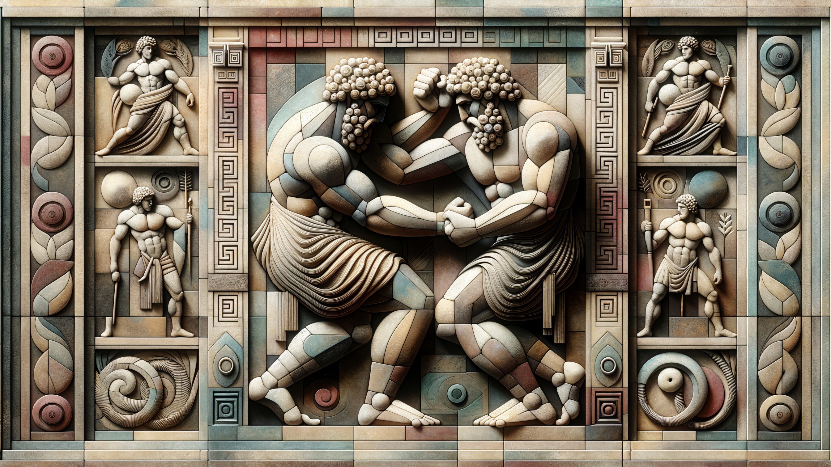 Detailed Relief Sculpture of Wrestlers in Greek Art