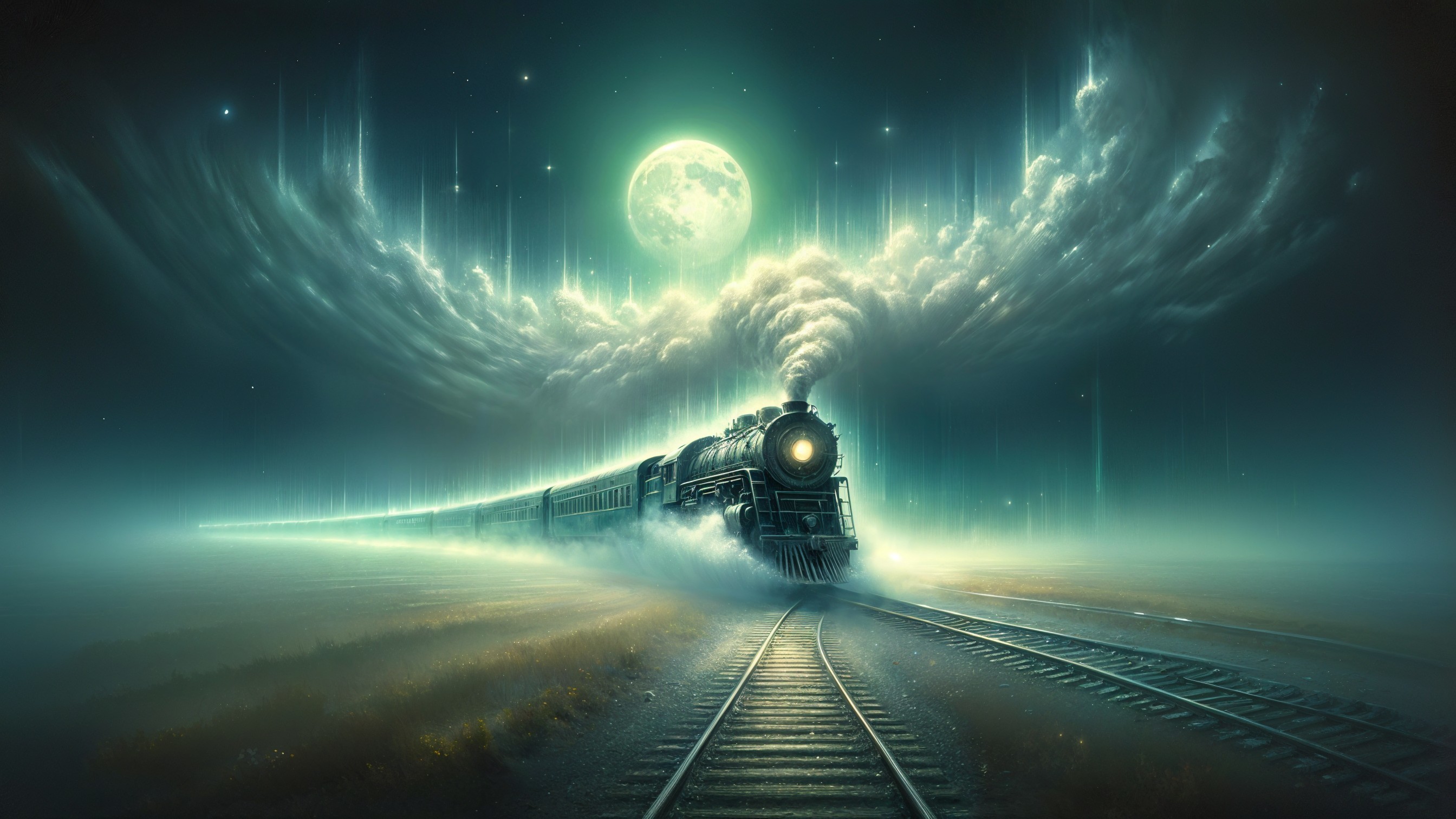Vintage steam locomotive in a surreal landscape