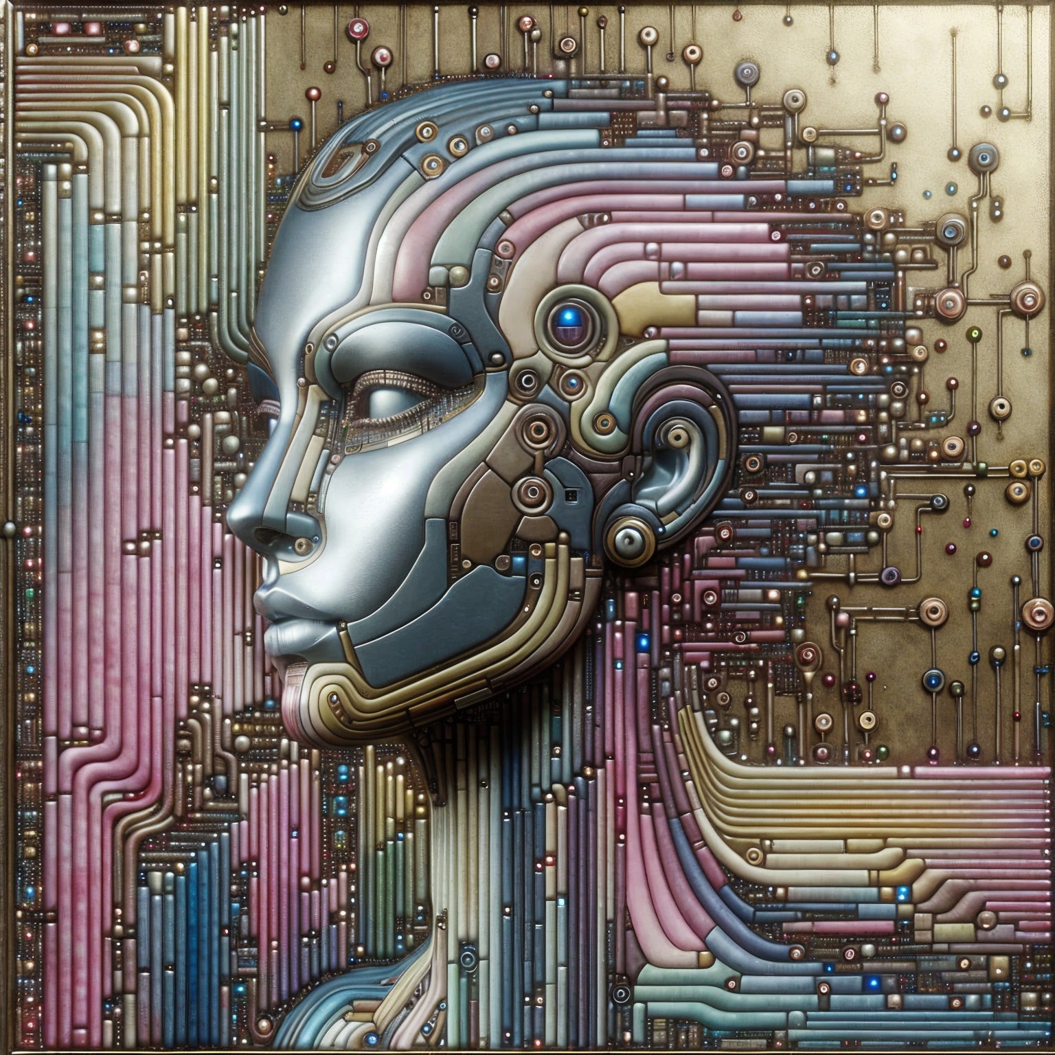 Futuristic Humanoid Face Design with Metallic Circuits