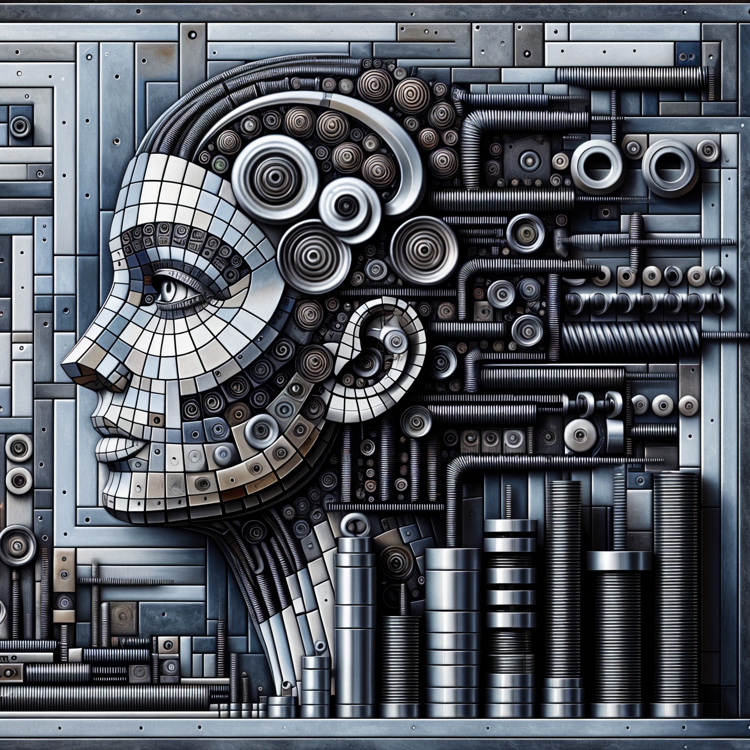 Stylized Human Face Made of Metallic Gears and Pipes