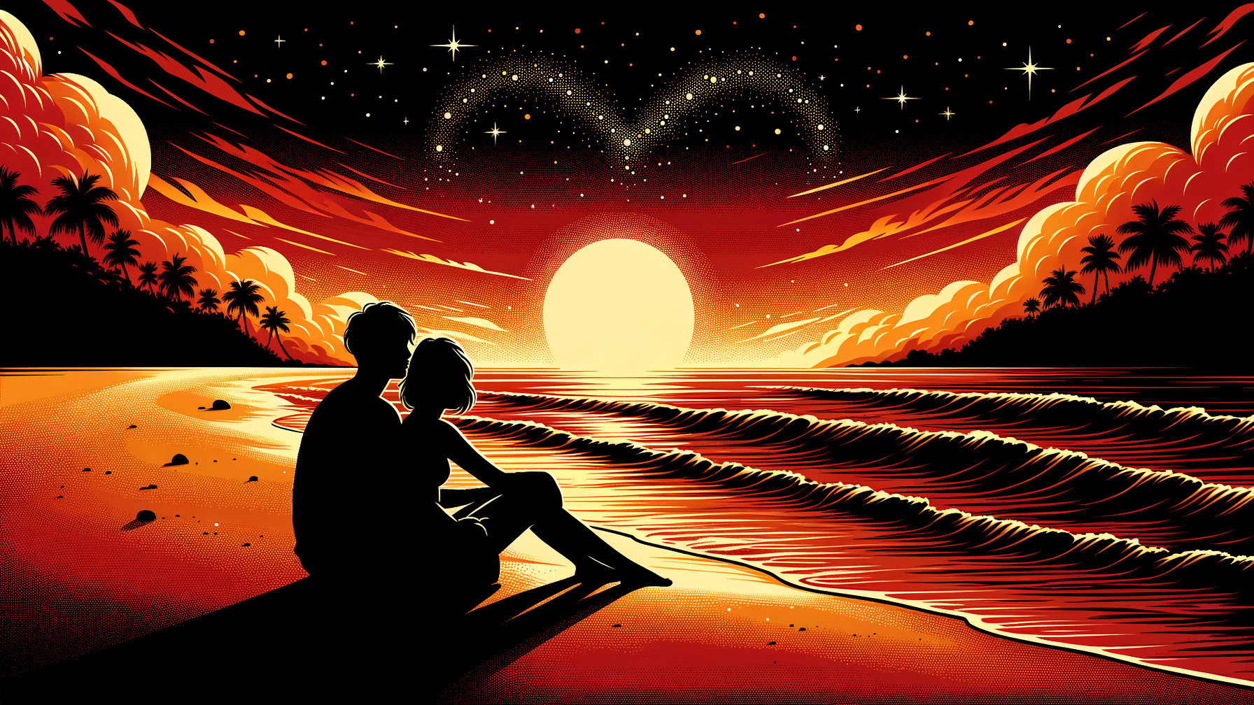 Romantic Sunset Beach Scene with Silhouetted Couple