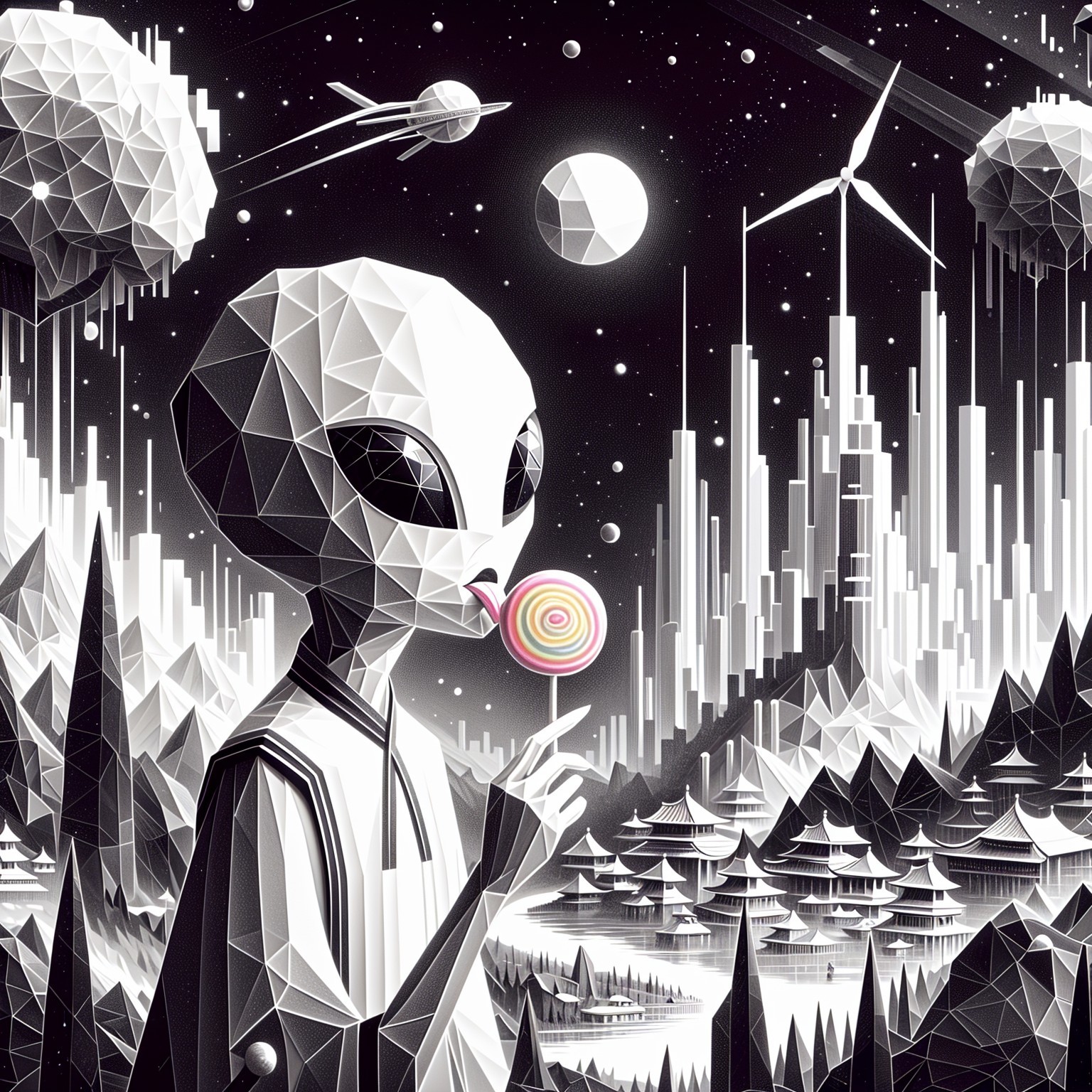 Futuristic Landscape with Alien Figure and Cities
