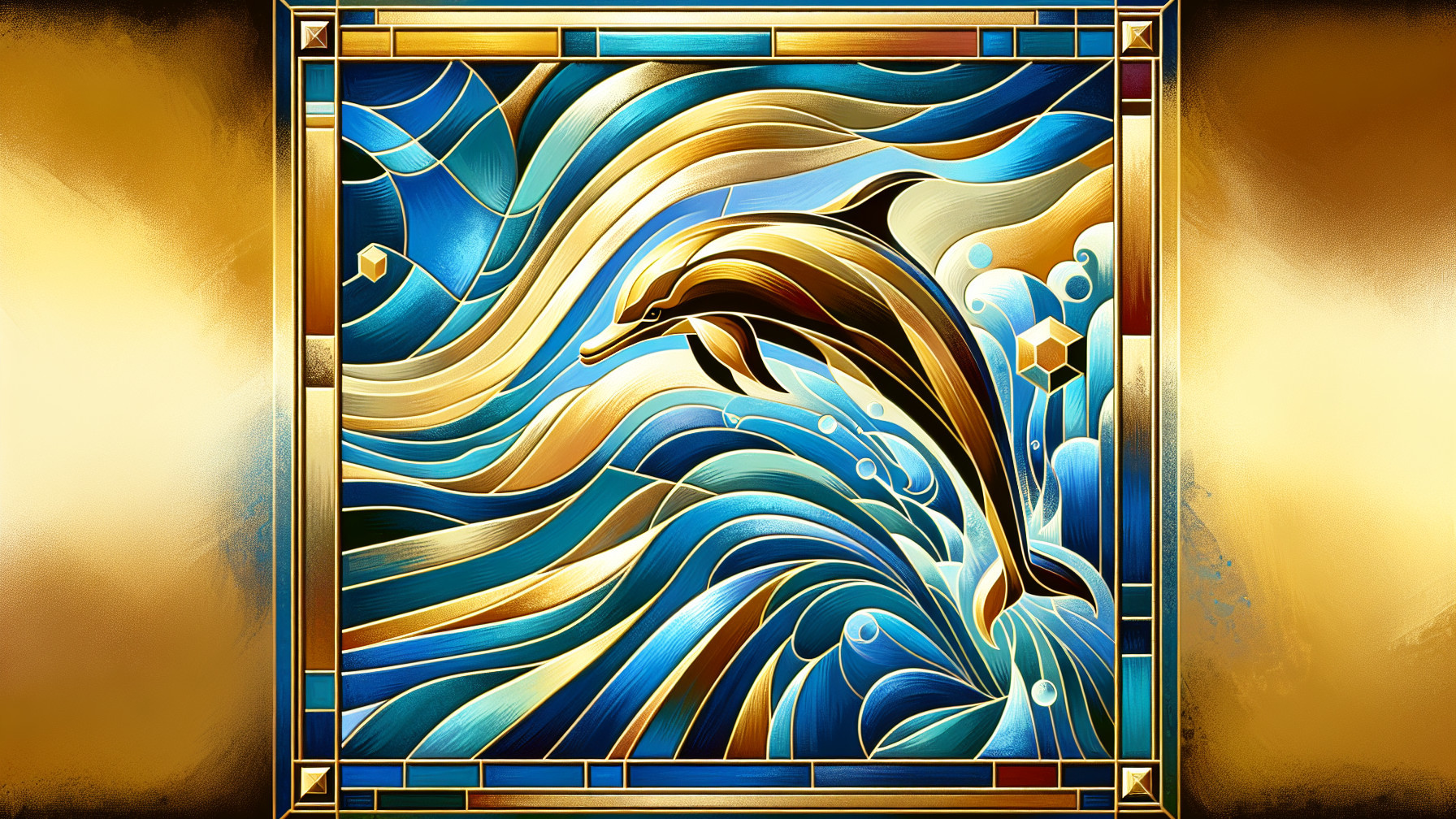 Vibrant Stained Glass Dolphin and Wave Artwork