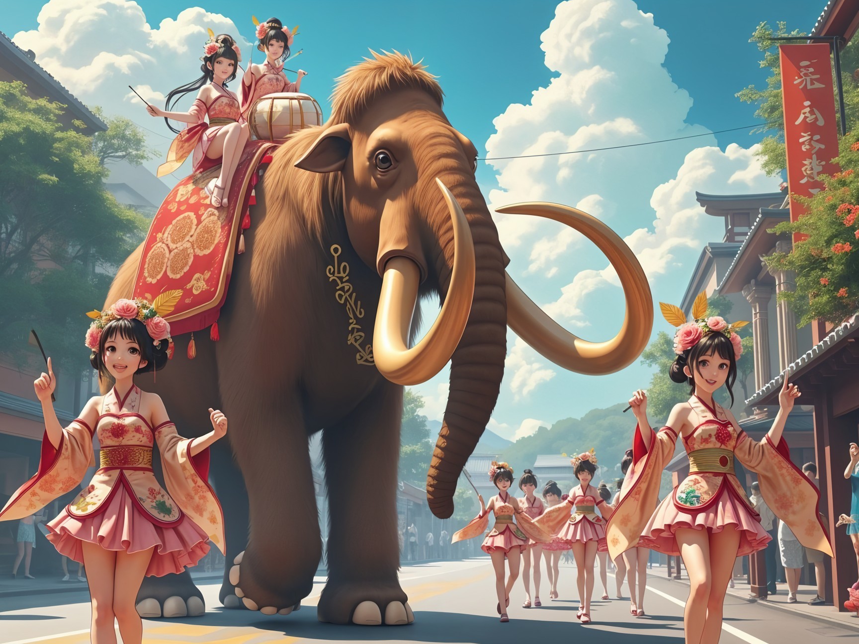 Elephant and Dancers in Colorful Cultural Celebration