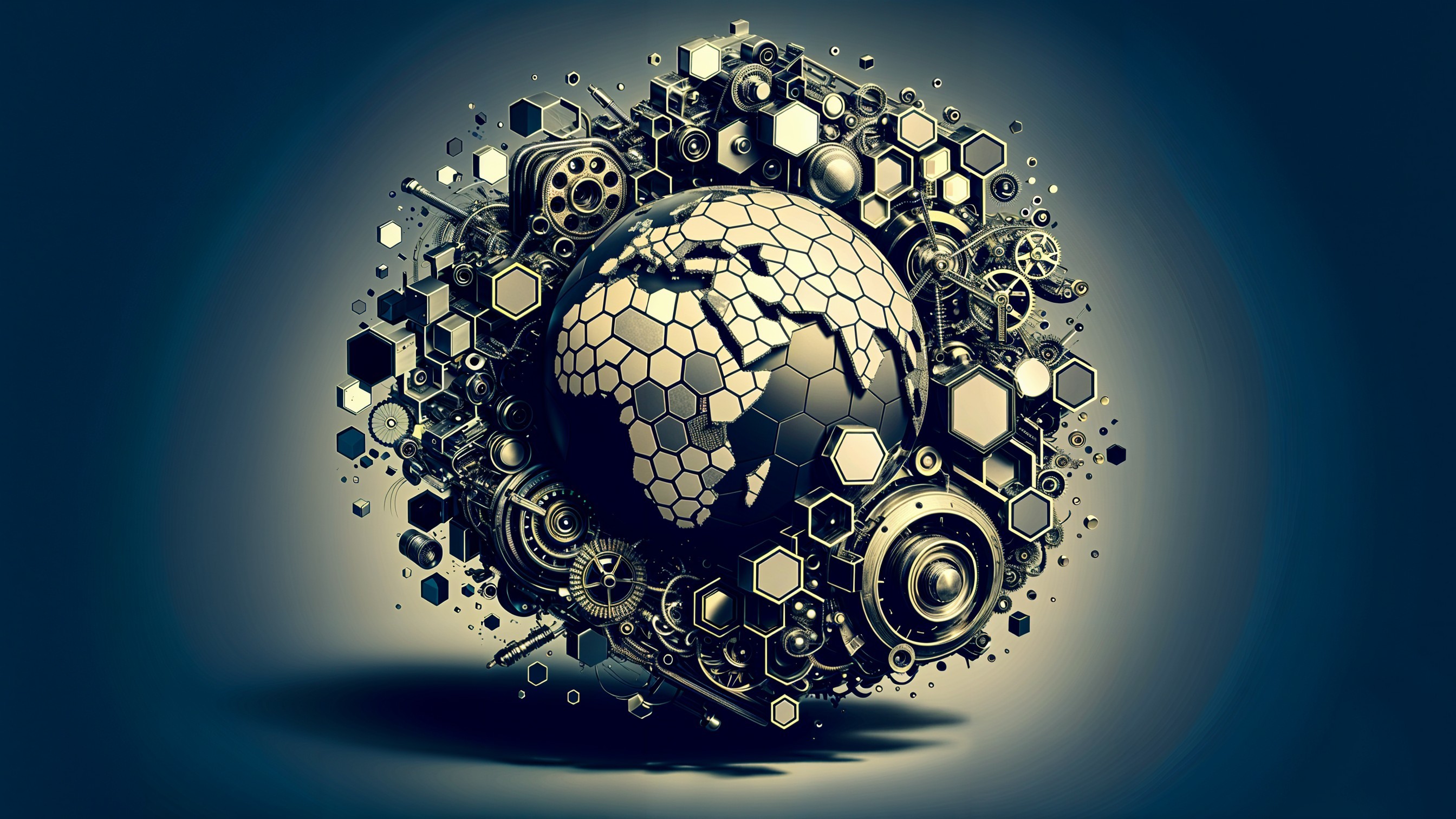 Stylized Earth within Gears and Hexagons on Blue Background