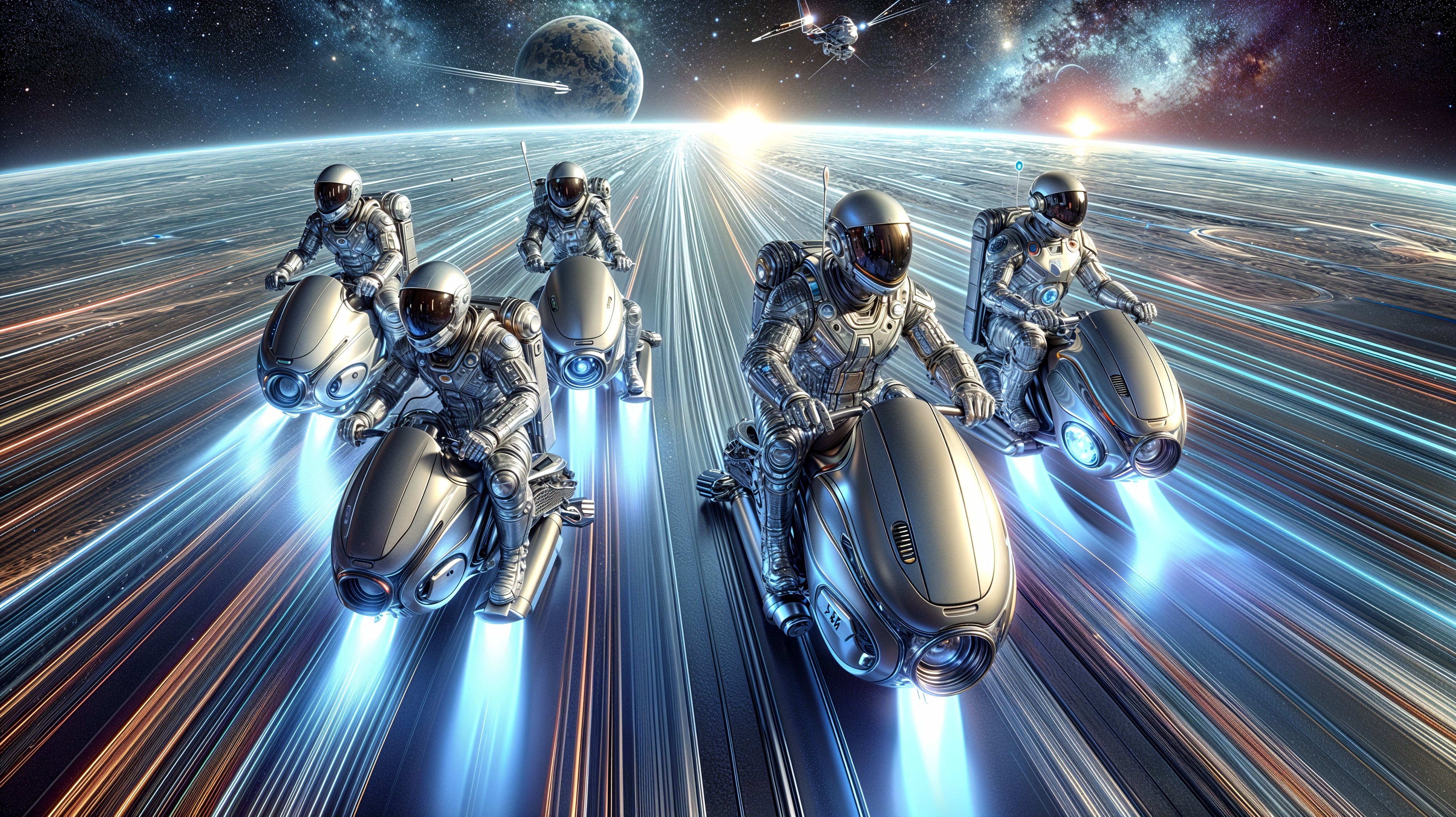 Astronauts Riding High-Tech Motorcycles in Space
