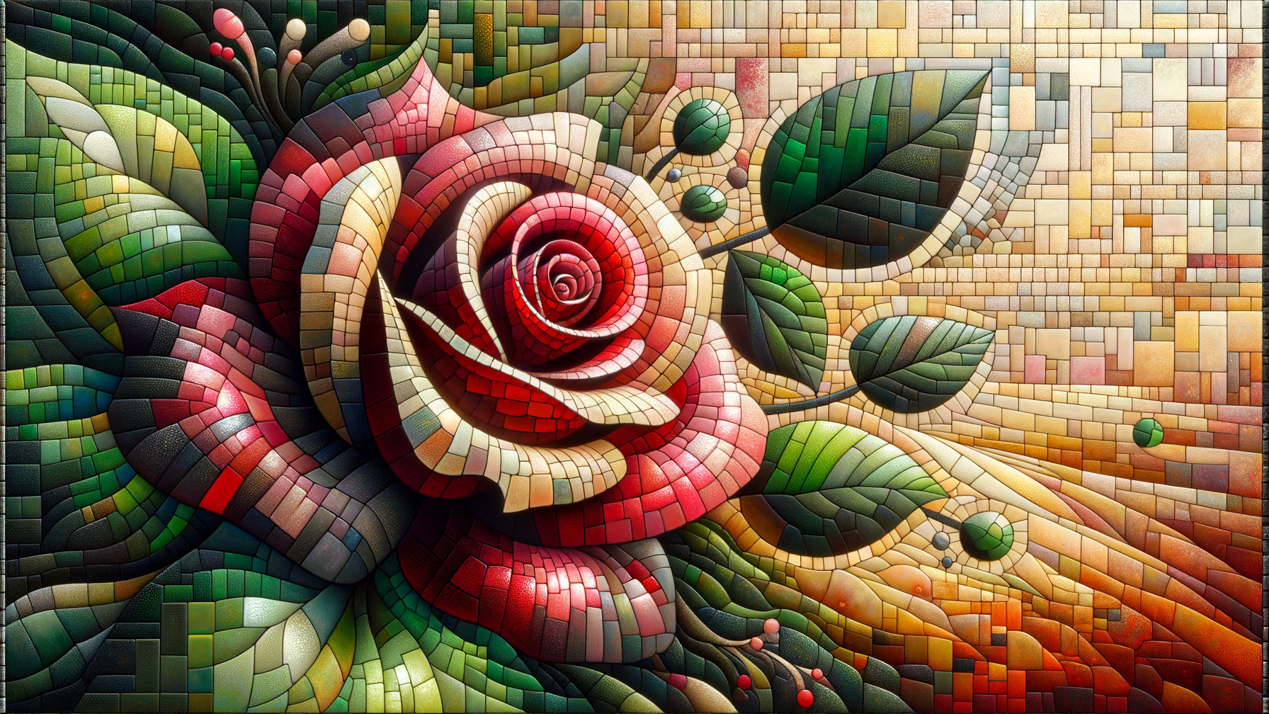 Vibrant Mosaic Rose with Detailed Petals and Leaves