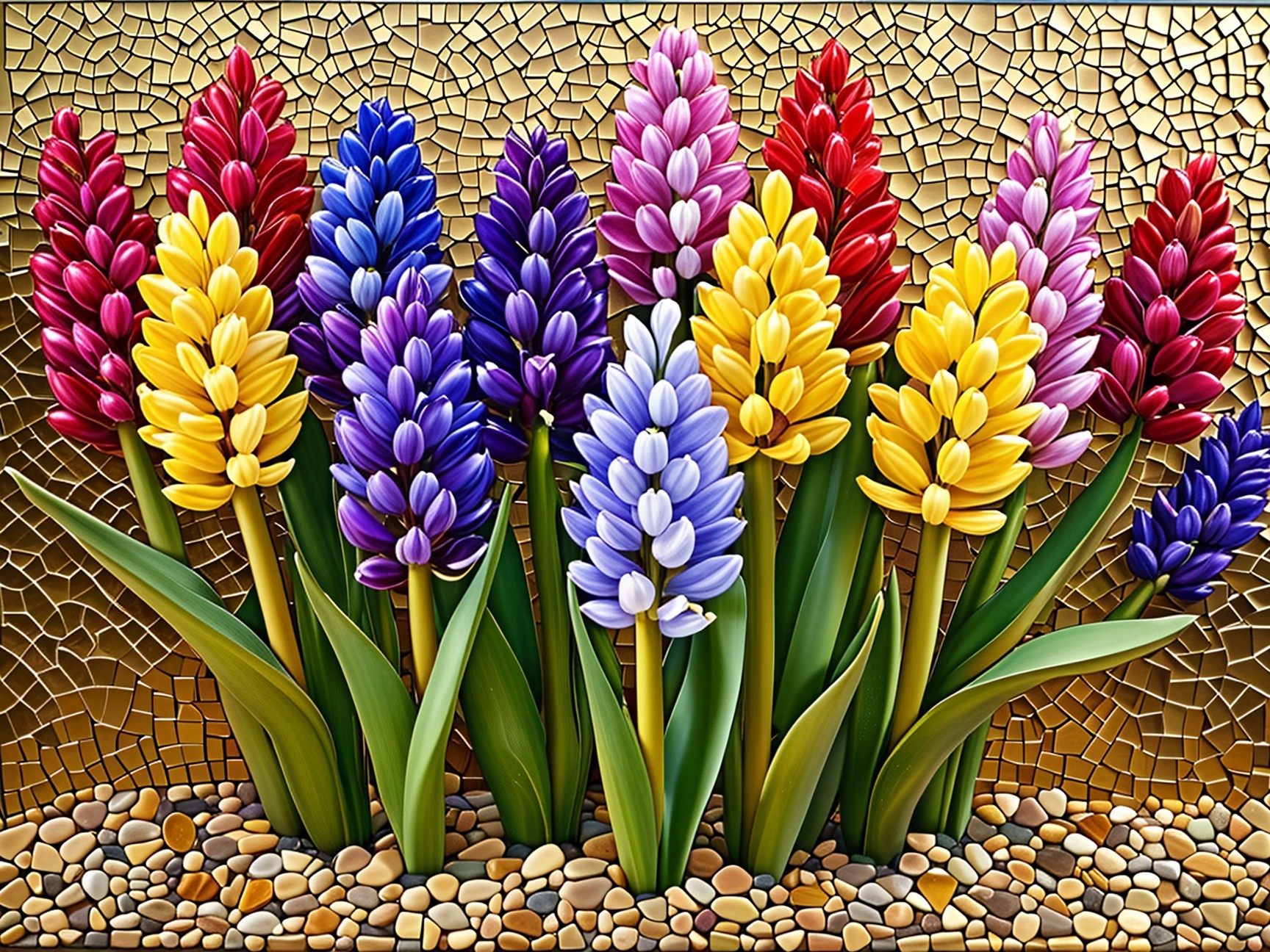 Vibrant Mosaic Artwork of Colorful Flowers and Stones