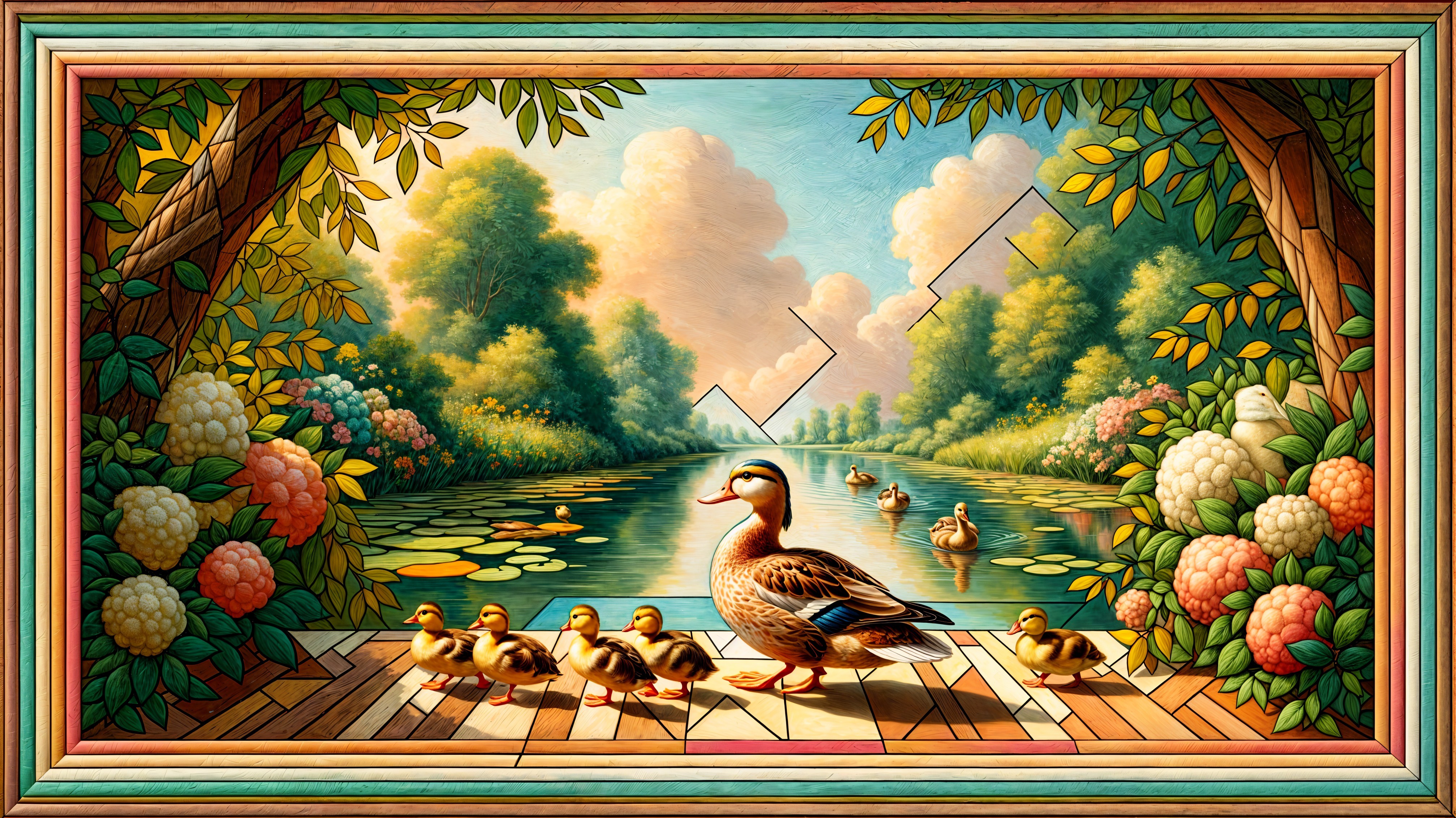 Mother Duck and Ducklings by Calm River Landscape
