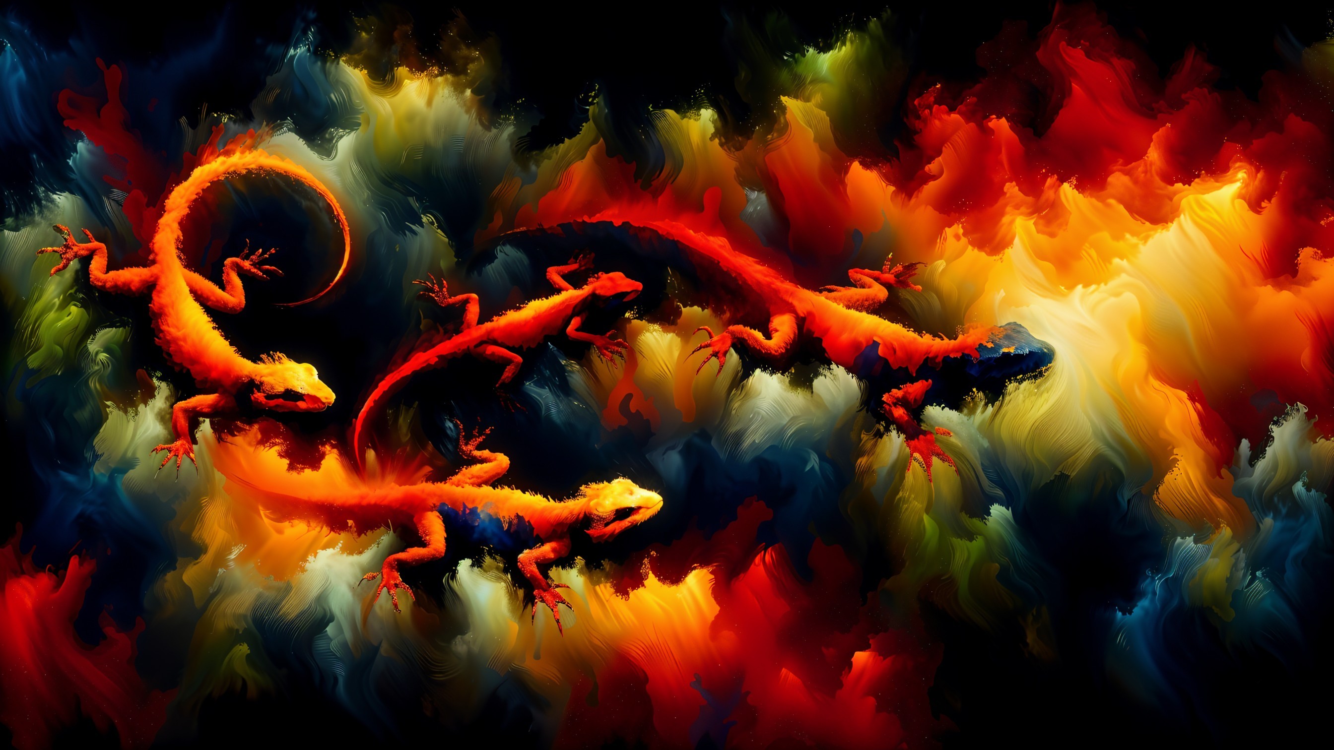 Surreal Abstract Scene with Colorful Lizards