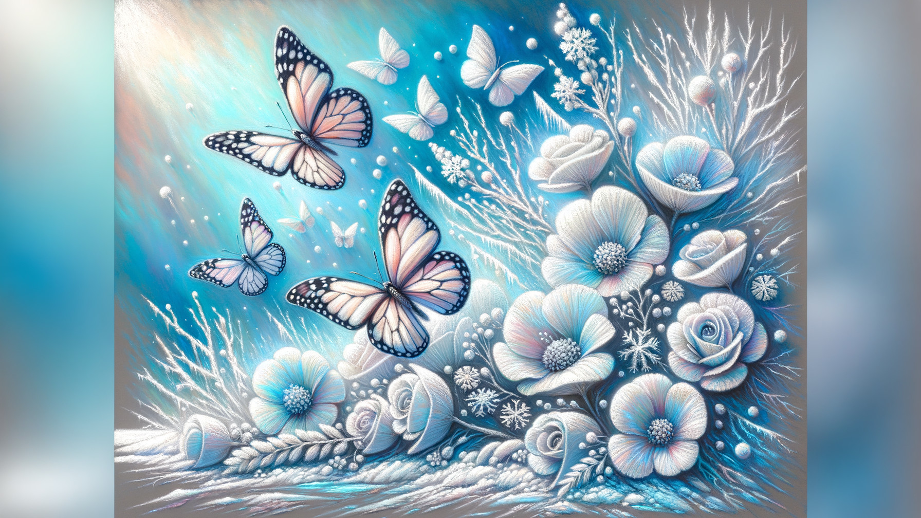 Digital Painting of Flowers and Butterflies in Cool Tones