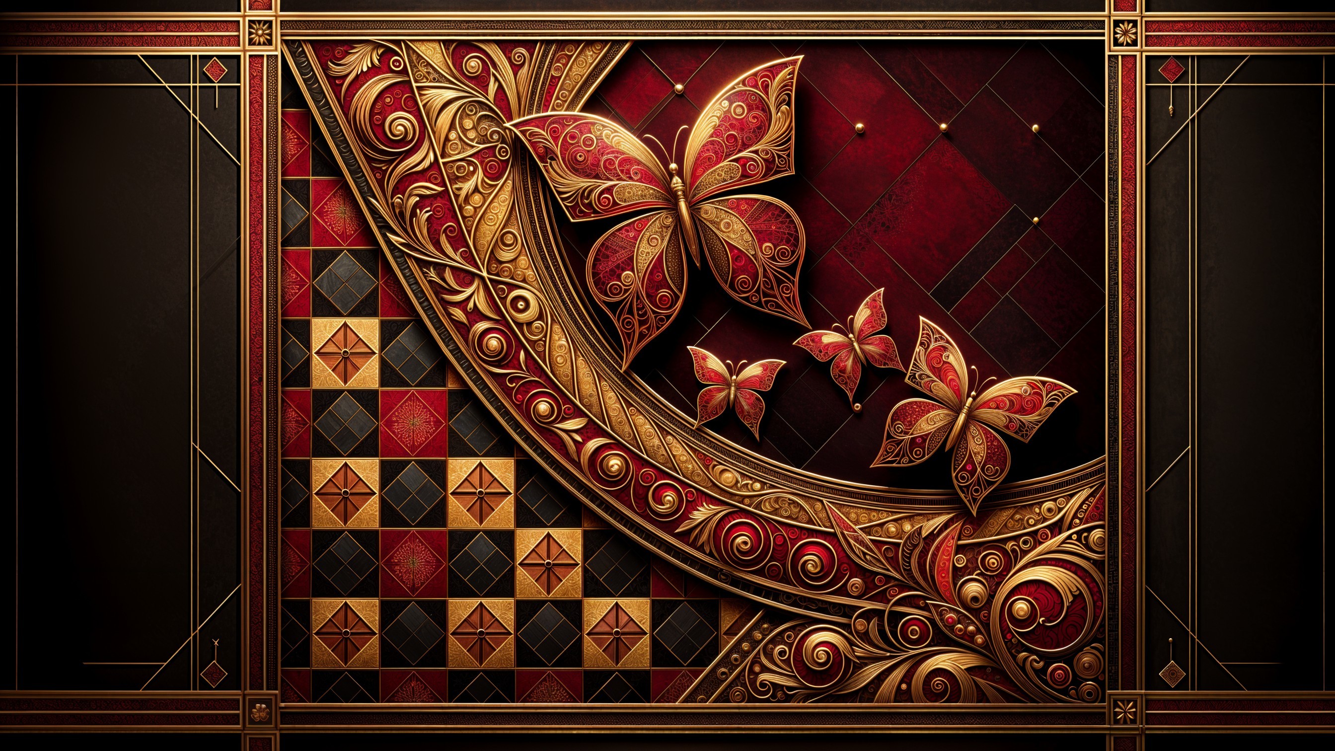 Ornate Design with Butterflies in Red and Gold Tones