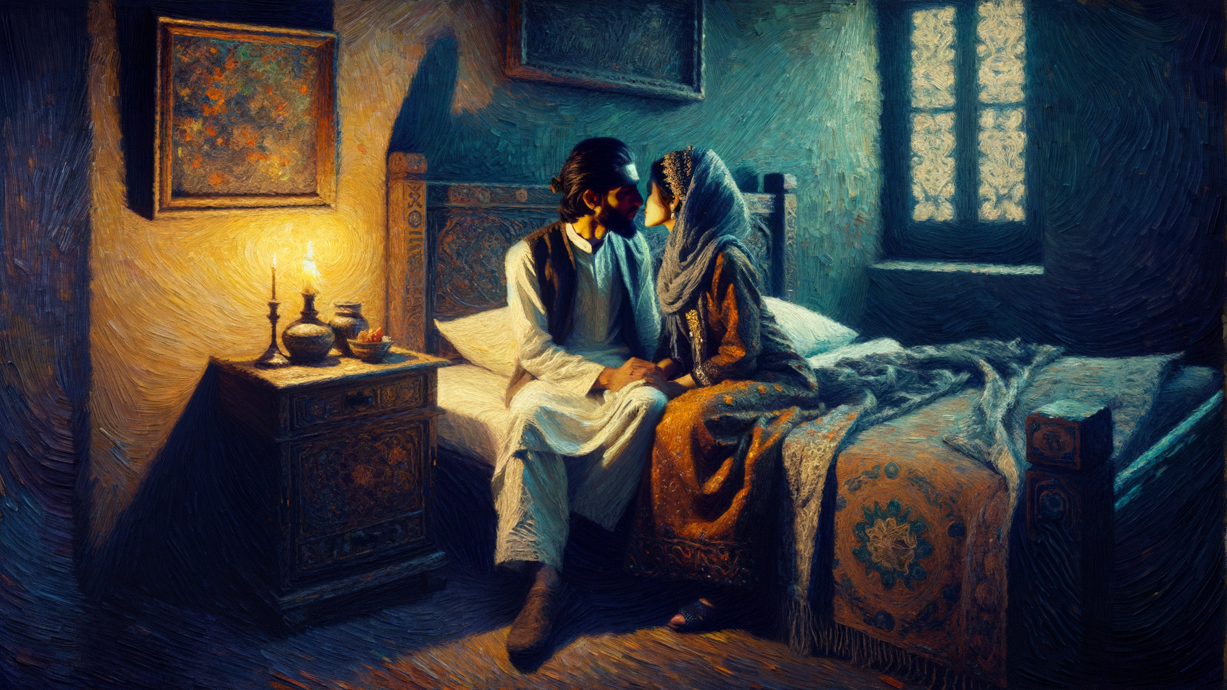 Oil Painting of Couple in Traditional Attire by Bed