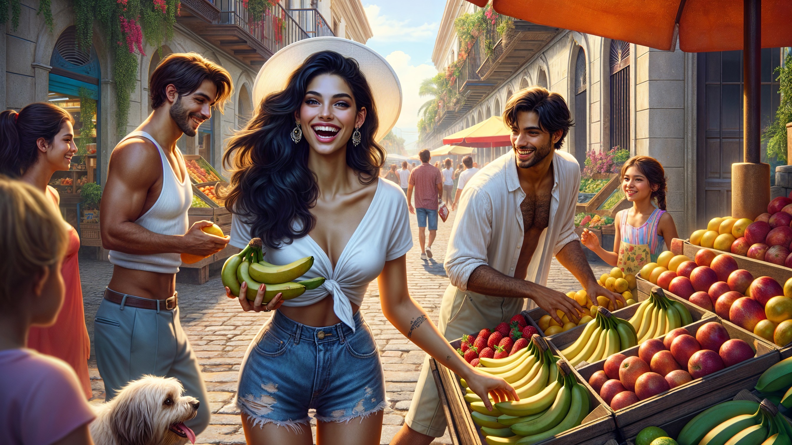 Vibrant market scene with fresh fruits and joyful energy