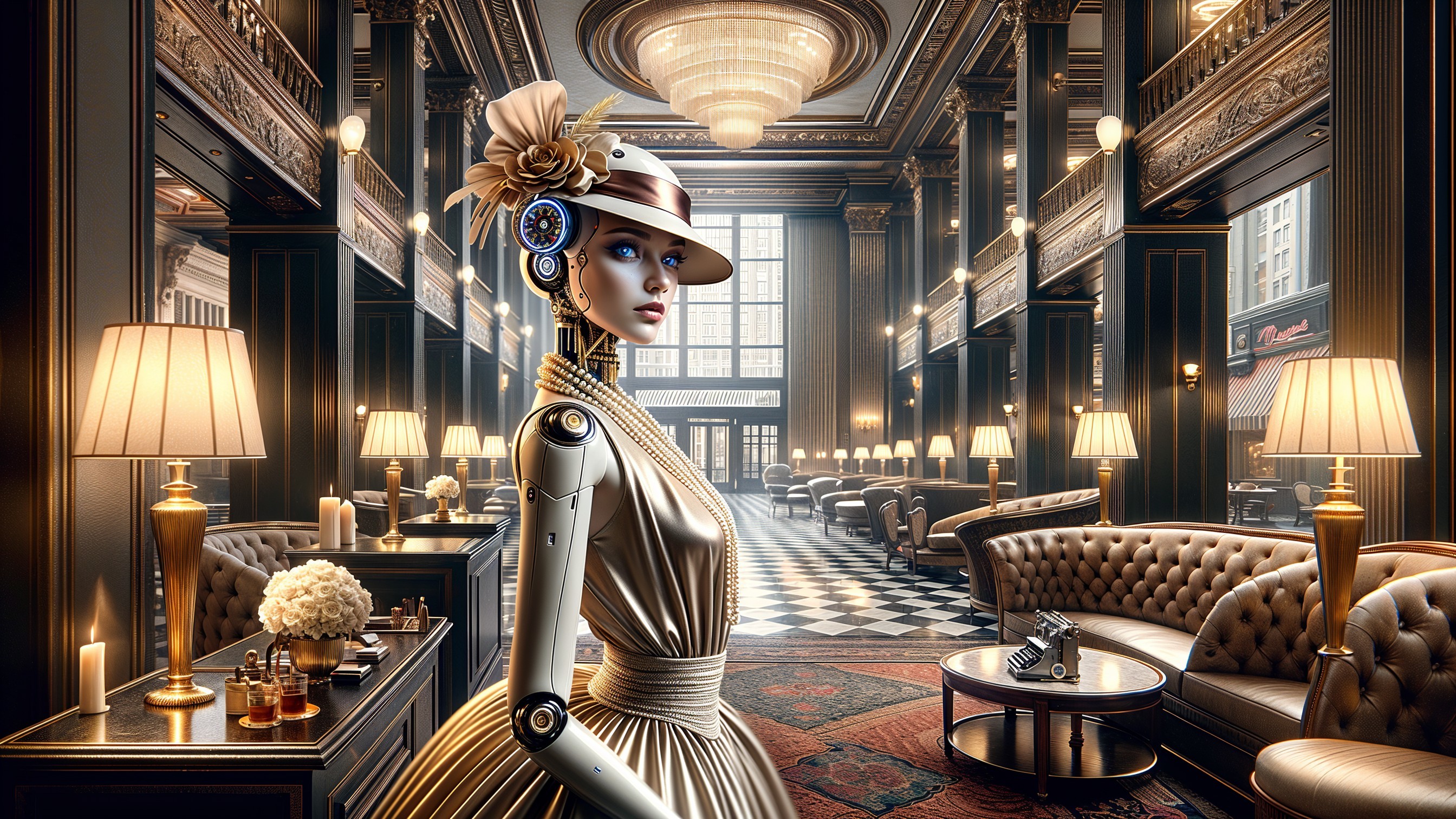 Futuristic Robot in Elegant Dress in Luxurious Hotel Lobby