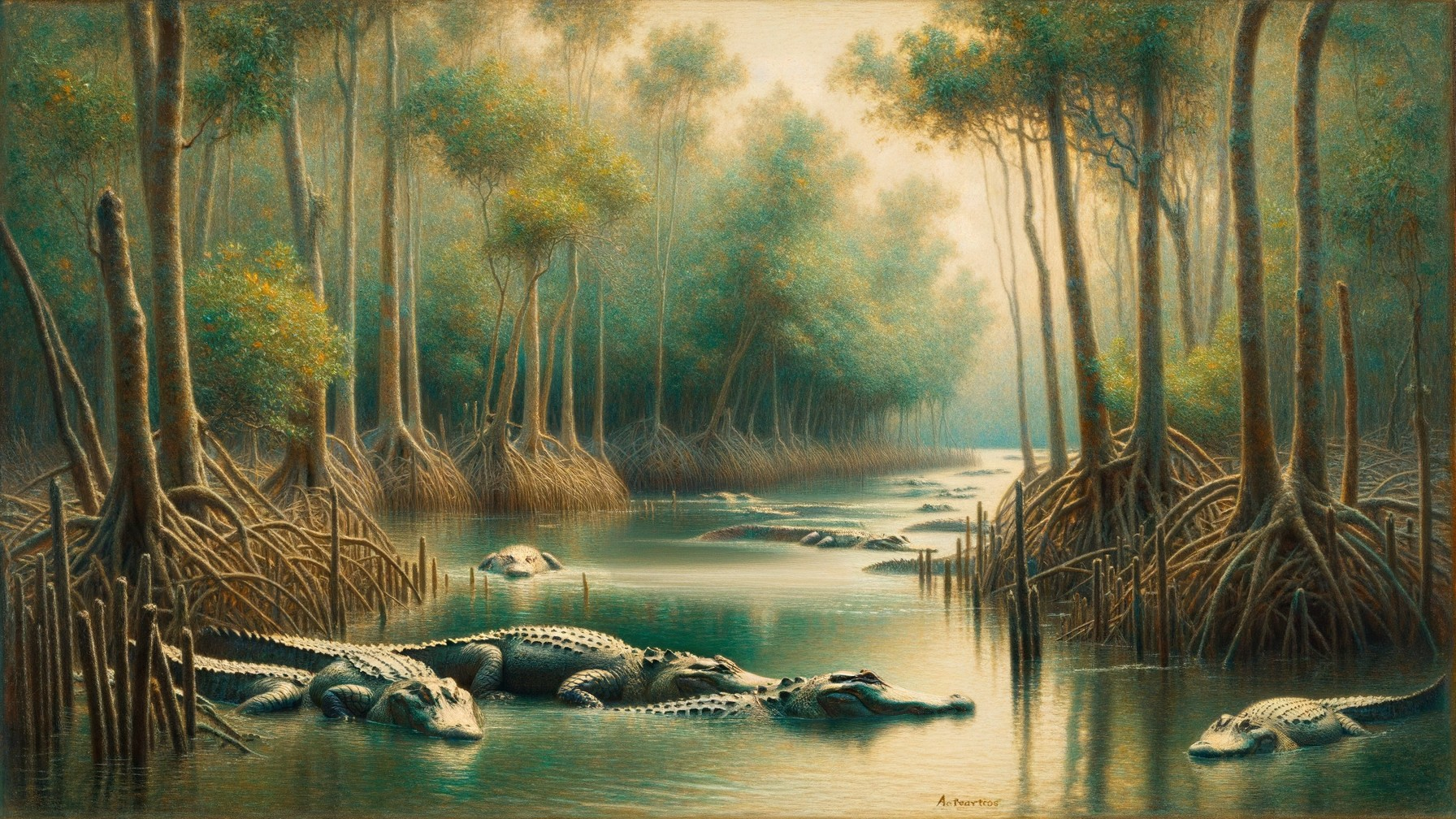 Tranquil Wetland Landscape with Alligators and Mangroves