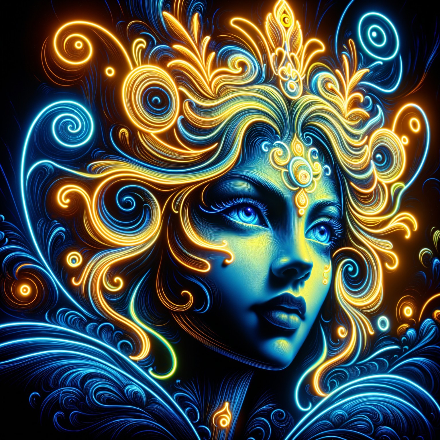 Ethereal figure with golden and blue designs and glow