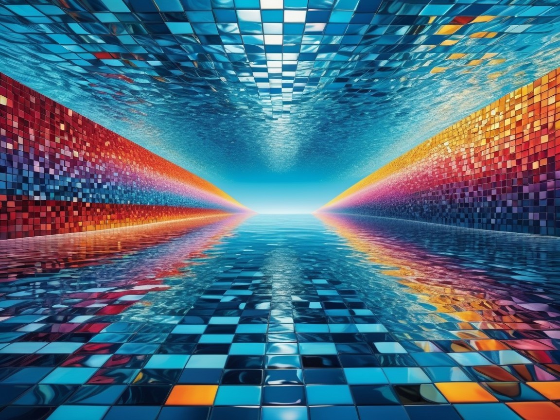 Vibrant Abstract Corridor with Shimmering Mosaic Tiles