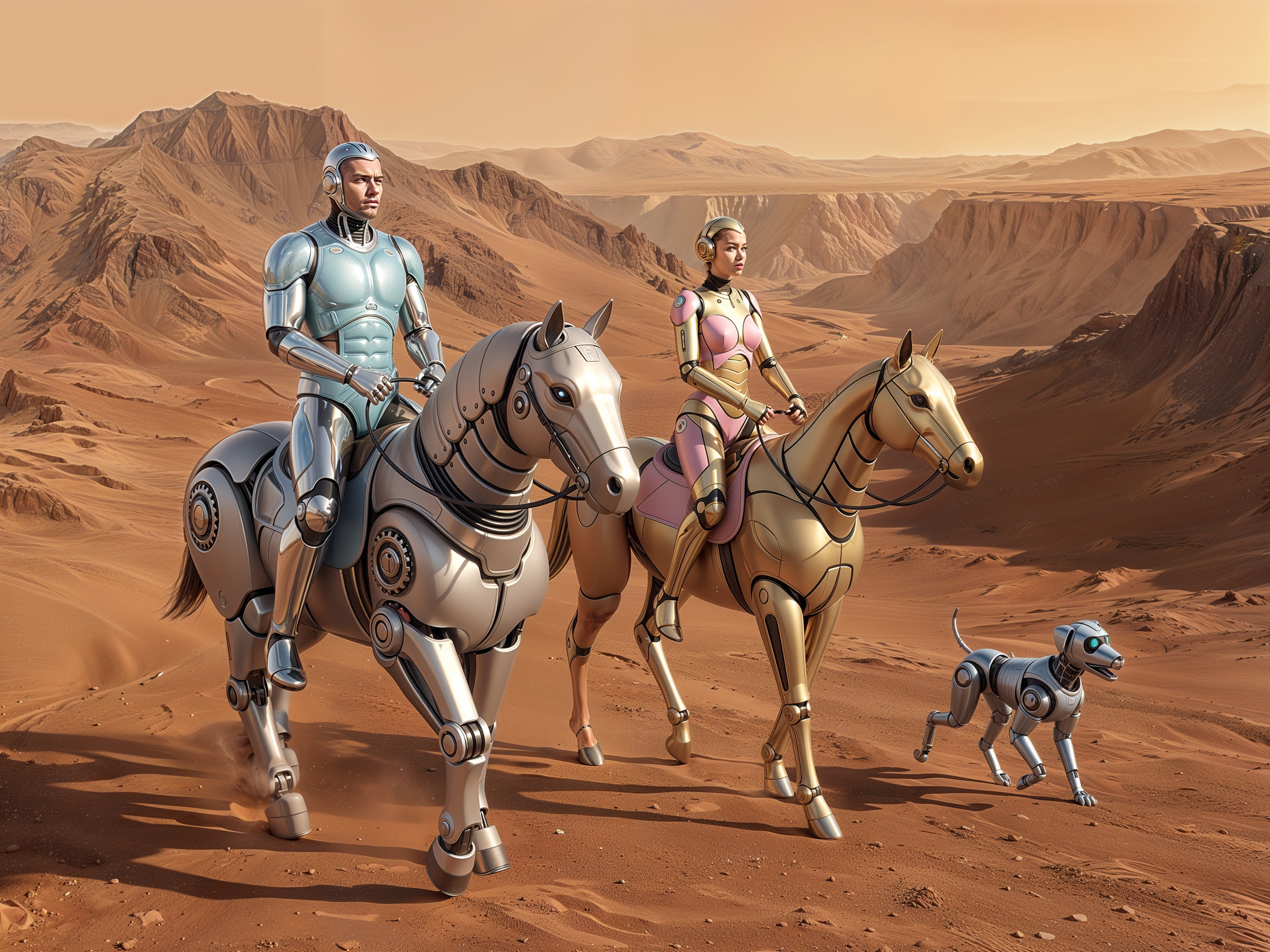 Humanoid Robots Riding Robotic Horses in Desert Landscape