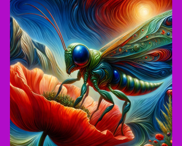 Surreal Insect on Red Poppy with Colorful Skies