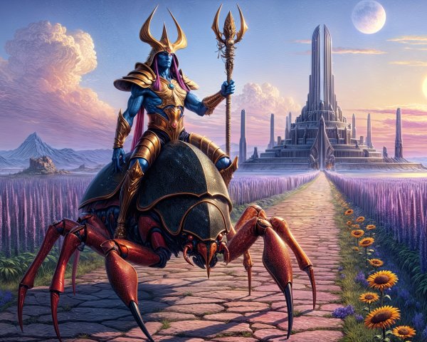 Majestic warrior on giant crab before futuristic fortress