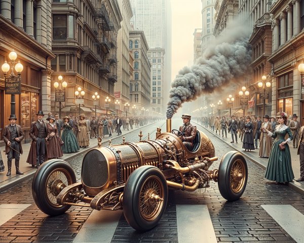 Vintage Street Scene with Steam-Powered Automobile