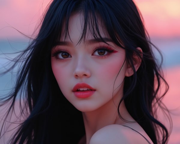 Young woman with dark hair against sunset backdrop