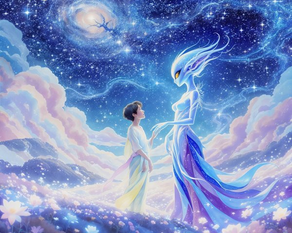 Ethereal Figures in a Cosmic Flower Field Scene