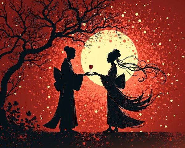 Elegant Figures in Kimonos Under a Glowing Moon