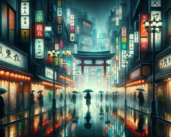 Vibrant Rain-Soaked City Street with Neon Lights