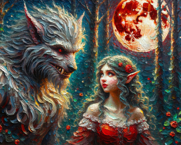 Moonlit Forest Scene with Wolf-like Creature and Woman