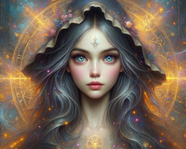 Mystical Woman with Silvery Hair in Cosmic Setting