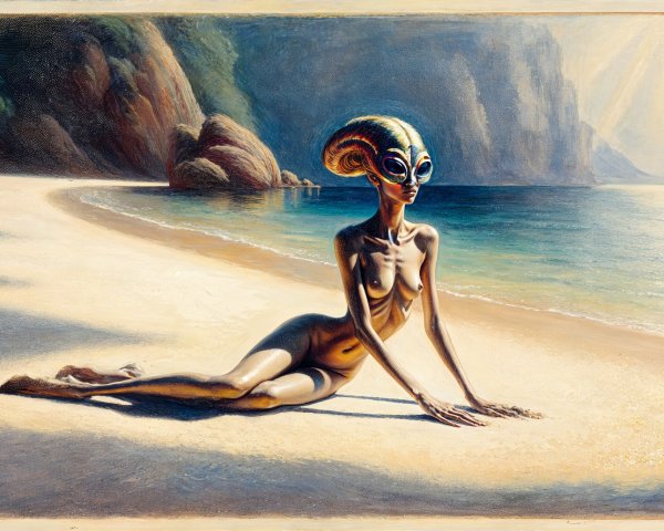 Surreal Alien Figure on a Pristine Beach Scene