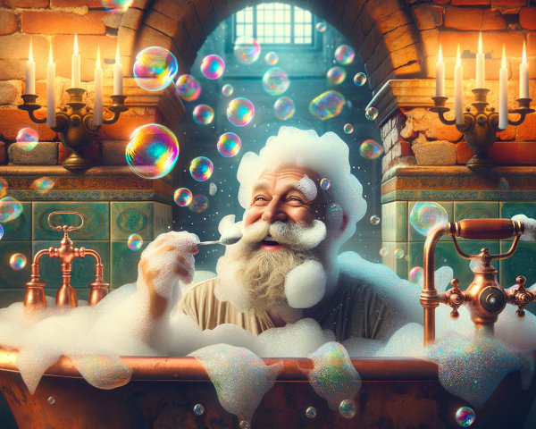 Bearded Figure in Vintage Bathtub with Bubbles