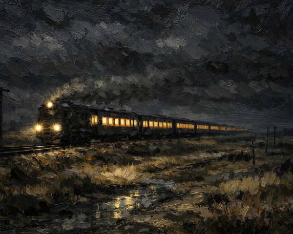 Dark Oil Painting of Train Under Stormy Sky