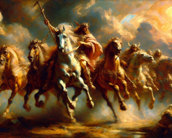 Warriors on Horses in Dramatic Charging Scene