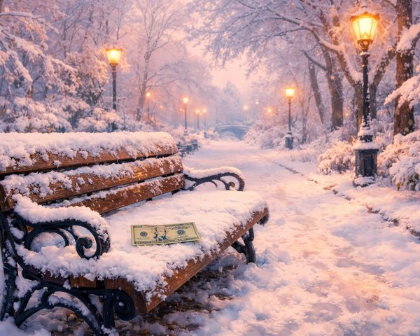 Snow-Covered Park Bench with Dollar Bill and Streetlights