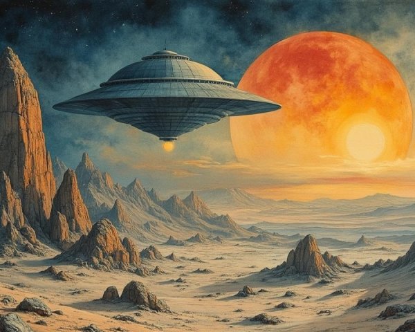 Futuristic Landscape with UFO and Dramatic Mountains