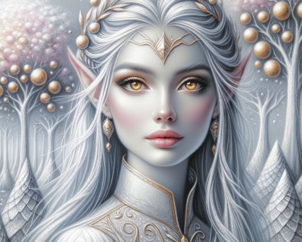 Enchanted Figure with Silver Hair and Golden Eyes