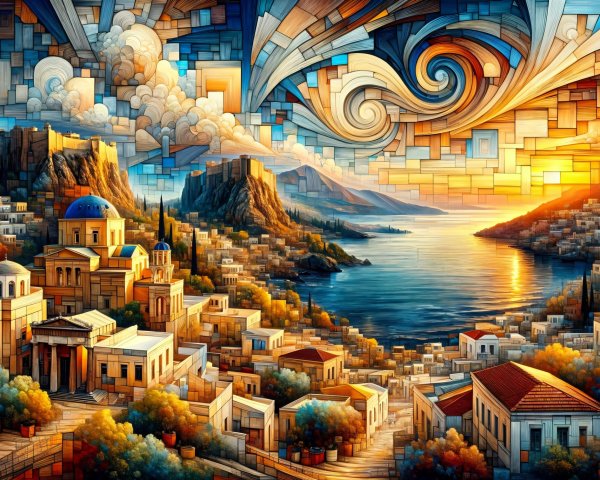 Vibrant Coastal Village with Stylized Warm-Hued Buildings