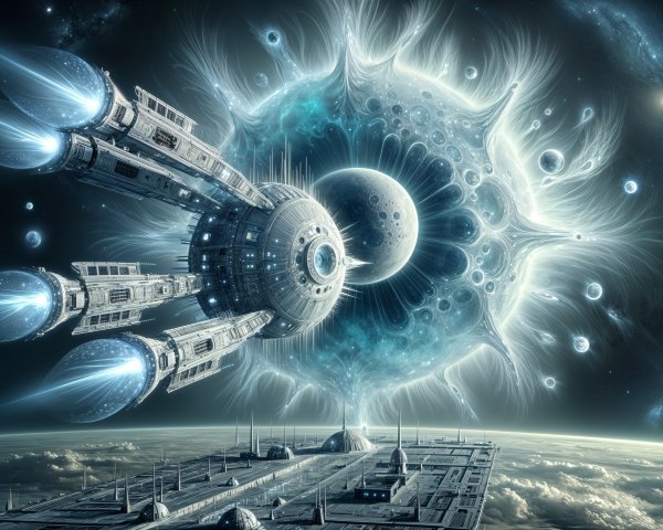 Futuristic spacecraft in vibrant cosmic scene