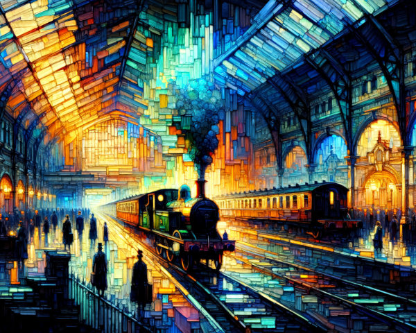 Vibrant Train Station Scene with Nostalgic Atmosphere