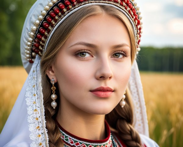 Young Woman in Traditional Attire in Golden Fields