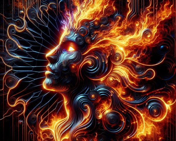 Abstract Figure with Fiery Hair and Cosmic Background