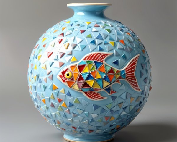 Vibrant Ceramic Vase with Fish Motif and Mosaic Design