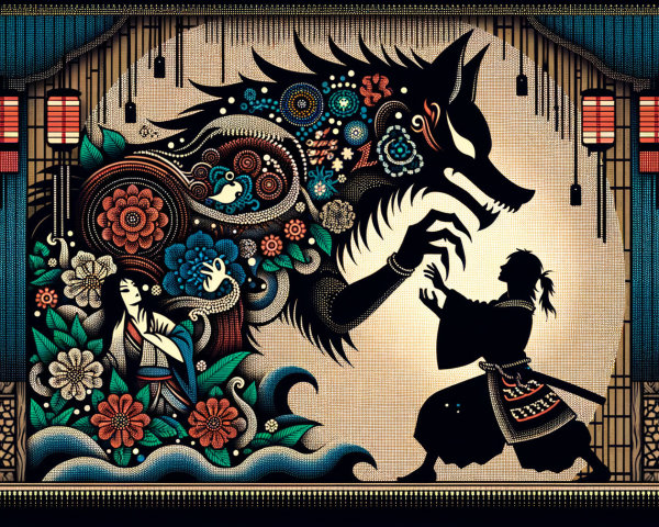 Vibrant Scene with Stylized Wolf and Samurai Figure