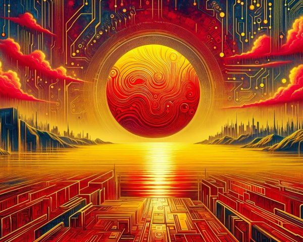 Vibrant Sunset with Swirling Sun and Circuit Patterns
