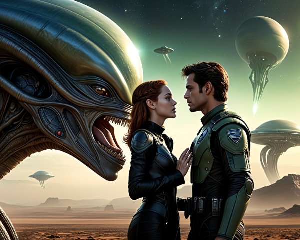 Futuristic Landscape with Alien Creature and Spacecraft