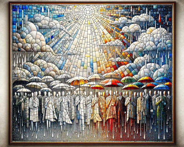 Vibrant Stained Glass Scene of Figures with Umbrellas